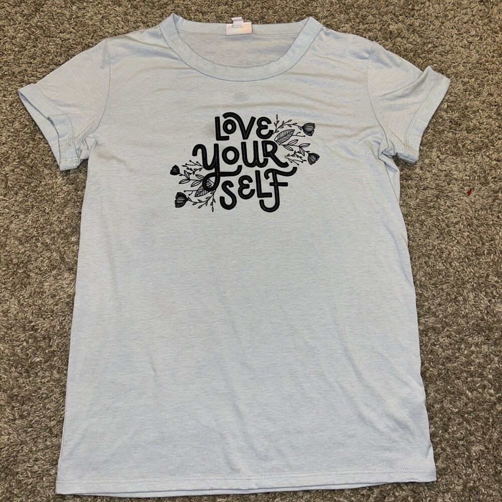 WOMENS SHIRT -LULAROE-LIV TEE-COTTON POLYESTER Love Yourself-SIZE S Floral Blue